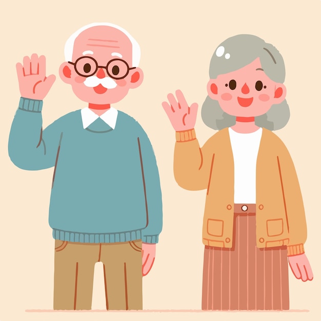 Le grand-père et la grand-mère expriment leur salut dans un style plat simple.