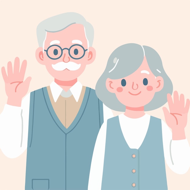 Le grand-père et la grand-mère expriment leur salut dans un style plat simple.