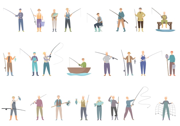 Grand-père, pêche, icônes, ensemble, dessin animé, vecteur, homme, nature, temps voyage