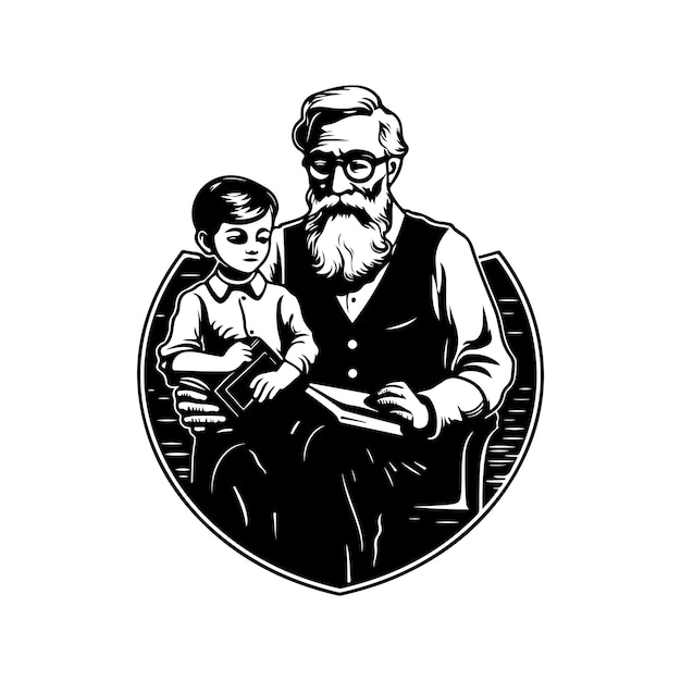 Grand-père et petits-enfants logo vintage ligne art concept noir et blanc couleur illustration dessinée à la main