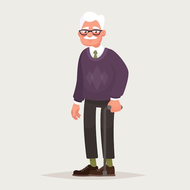Vecteur grand-père portant des lunettes. un vieil homme avec une canne à la main.