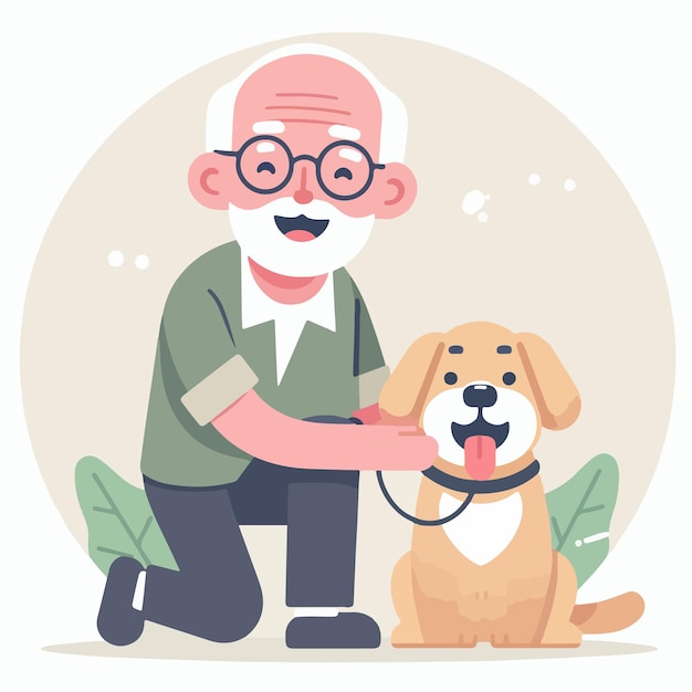 Vecteur le grand-père vector est heureux avec son chien.