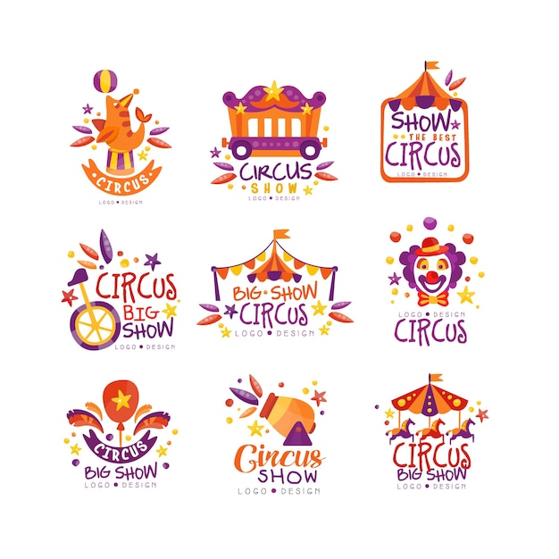 Vecteur grand spectacle de cirque logo design ensemble carnaval étiquettes festives badges éléments de conception dessinés à la main et être utilisé