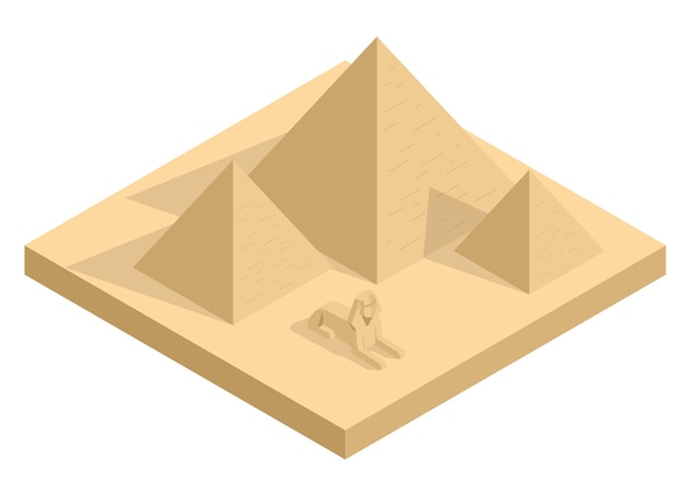 Vecteur grand sphinx isométrique comprenant les pyramides de menkaure et khafre sur fond blanc. gizeh, le caire, egypte. concept vectoriel de tourisme des pyramides égyptiennes.