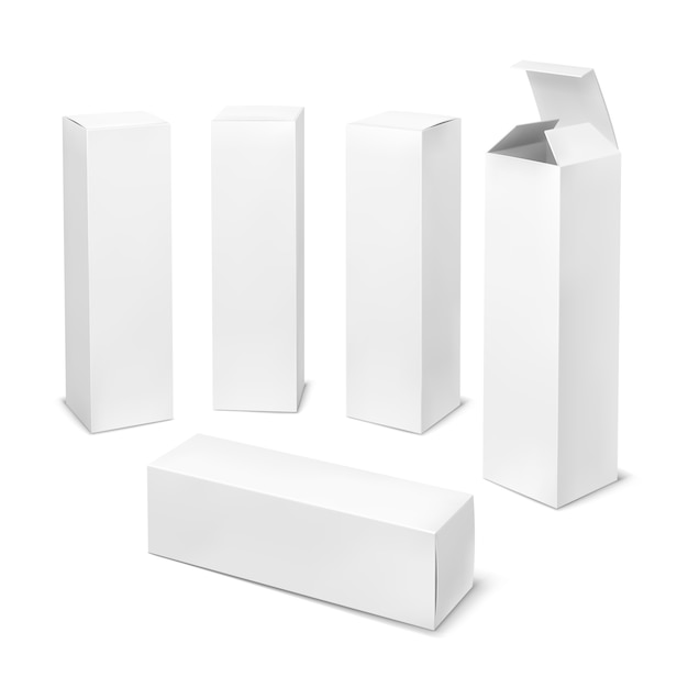 Grande boîte blanche. Boîtes cosmétiques rectangulaires en carton emballage blanc avec des formes verticales de produit de médecine d'ombres