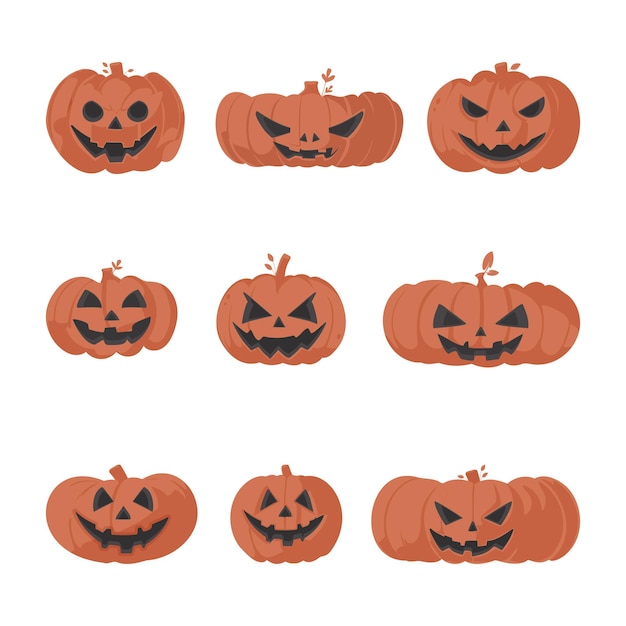 Une grande collection de citrouilles d'Halloween avec des visages effrayants de style dessin animé