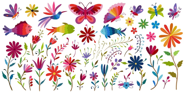 Vecteur grande collection d'éléments traditionnels de motifs mexicains fleurs otomi feuilles oiseaux animaux éléments d'ornement de broderie populaire