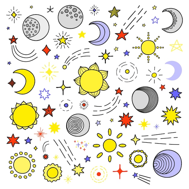 Vecteur grande collection d'étoiles dessinées à la main soleil et lune isolés sur fond blanc