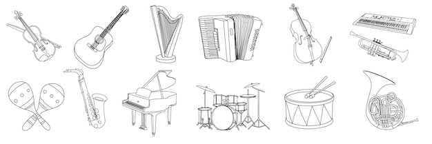 Vecteur grande collection d'instruments de musique doodle violon guitare acoustique harpe accordéon violoncelle