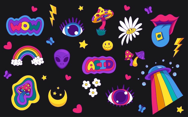 Grande collection psychédélique avec des personnages et des objets acides Ensemble d'éléments rave hippie lumineux