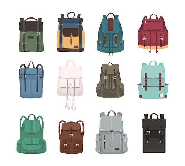 Grande Collection De Sacs à Dos Ou Sacs à Dos à La Mode. Accessoires Modernes Décontractés Et Touristiques De Différents Types Et Couleurs Isolés Sur Fond Blanc. Illustration Vectorielle Plane Colorée.