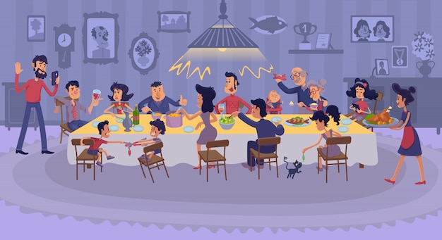 Grande famille réunissant ensemble illustration plate. Heureux parents mangeant un dîner de grâces festif.