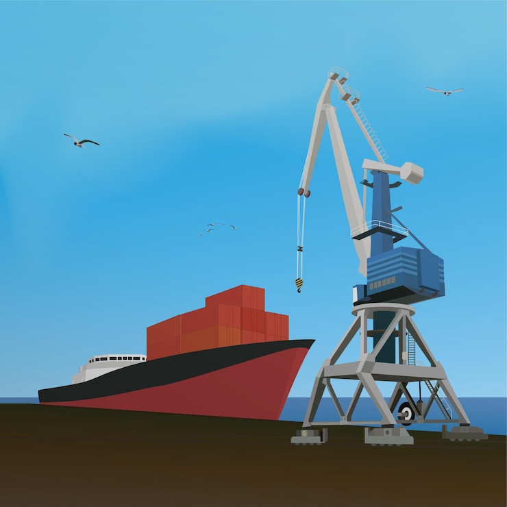 Vecteur grande grue de fret et navire avec conteneurs au port