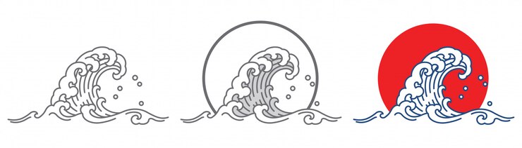Vecteur grande vague océanique et coucher de soleil.