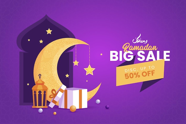 Grande Vente Ramadan Kareem Bannière Symbole Islamique Avec élégant Croissant De Lune, Mosquée Et Lanterne.