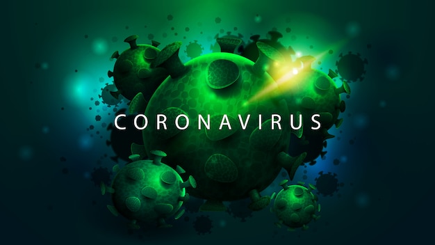 Grandes molécules de coronavirus vert sur fond bleu abstrait