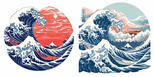 Les Grandes Vagues Japonaises Déchaînent L'océan Et L'eau De Mer Vintage Illustration Vectorielle