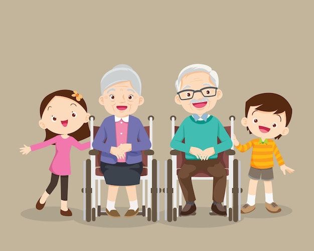 Grands-parents Assis Sur Un Fauteuil Roulant Avec Petits-enfants