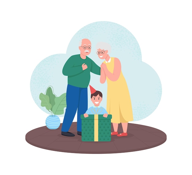 Les Grands-parents Donnent Un Cadeau à Une Bannière Web Garçon, Une Affiche. Un Couple De Personnes âgées Donne Un Petit-fils.