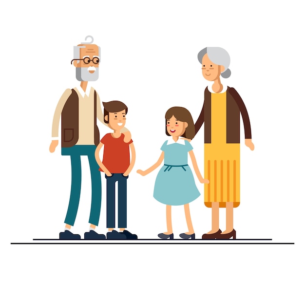 Grands-parents Avec Illustration Design Plat Petits-enfants. Les Parents Debout Ensemble.