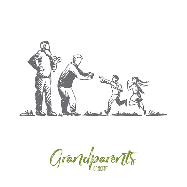 Grands-parents, Petits-enfants, Famille, Concept De Génération. Main Dessinée Heureuse Grande Famille Avec Croquis De Concept Grand-mère Et Grand-père.