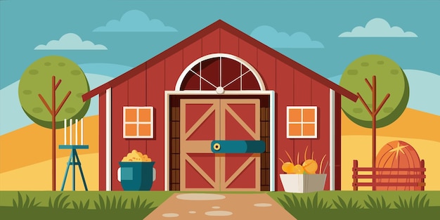 Vecteur une grange rouge avec une porte et un pot de pommes de terre à l'avant