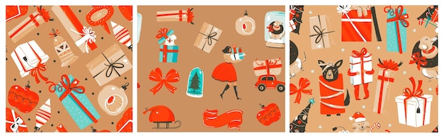 Graphique abstrait vectoriel dessiné à la main Joyeux Noël et bonne année cartoonillustrations collection de modèles sans couture sertie de boîte-cadeau du père Noël et arbre de Noël Conception de fond de Noël