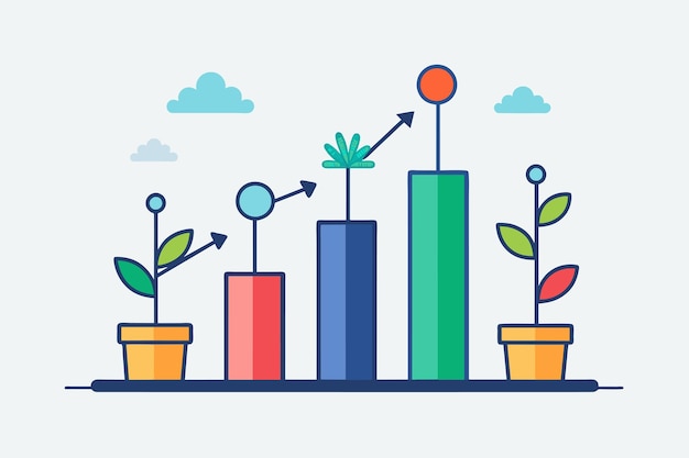 Vecteur un graphique à barres orné de diverses plantes qui poussent sur le dessus montrant la croissance et le progrès icône de l'ensemble de données de croissance illustration vectorielle plate simple et minimaliste