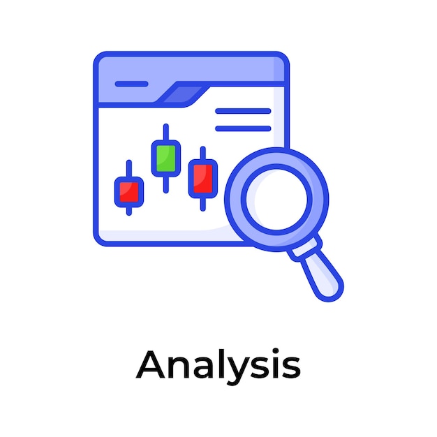 Graphique à bougies à l'intérieur de la page Web avec une loupe représentant l'icône conceptuelle de l'analyse commerciale