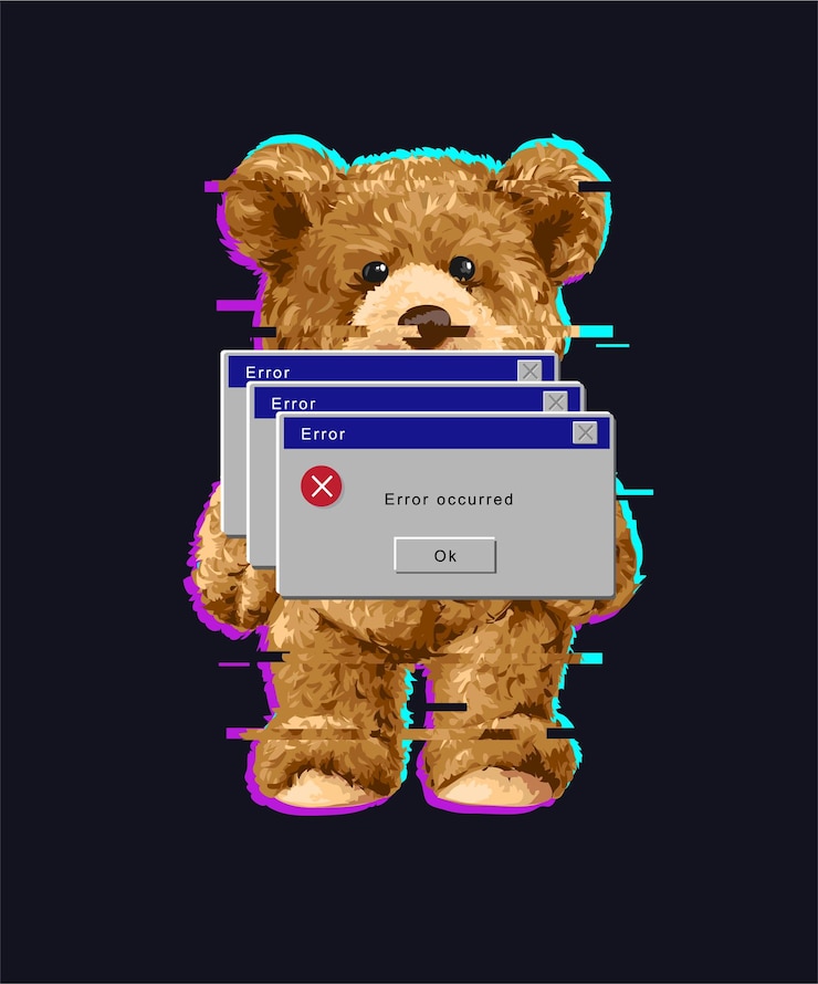 Vecteur graphique dessiné à la main poupée d'ours glitch stye avec messages d'erreur illustration vectorielle pas de trace automatique
