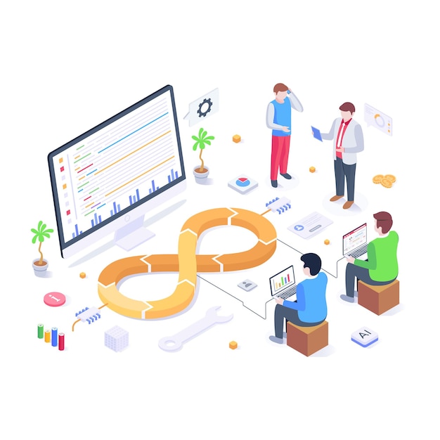 Le graphique de données et l'infini signent le concept d'illustration isométrique de devops