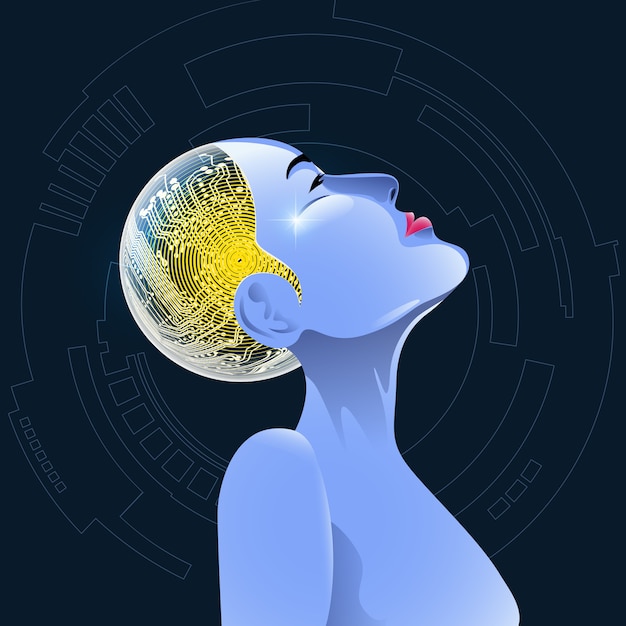 graphique du visage de cyborg femelle avec carte électronique à l&#39;intérieur de la tête