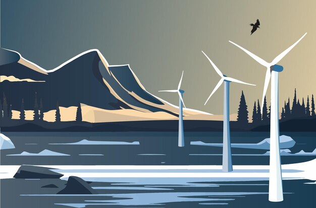 Vecteur un graphique d'éoliennes avec des montagnes en arrière-plan