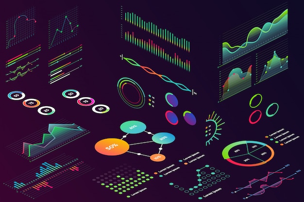 Graphique de finance de données de style de couleur néon moderne isométrique, graphiques de finance d'entreprise pour infographie. Données de graphique de vagues, statistiques 2D et diagramme volumétrique isolées