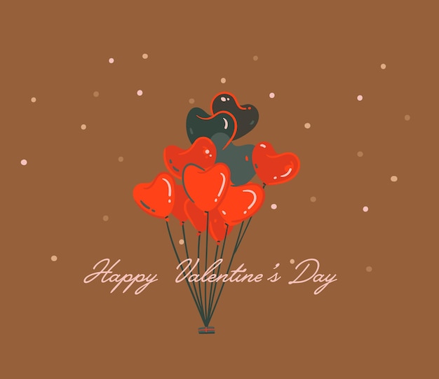 Graphique Moderne De Dessin Animé Abstrait Vecteur Dessiné à La Main Happy Valentines Day, Carte D'art D'illustrations De Concept Avec Ballons à Air Chaud Coeur Et Texte De Saint Valentin Isolé Sur Fond De Couleur Marron.