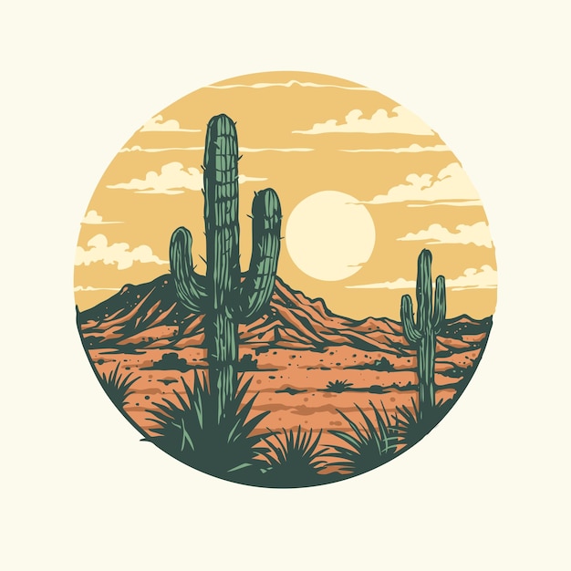 Vecteur un graphique d'un paysage désertique du far west avec un cactus et des montagnes en arrière-plan