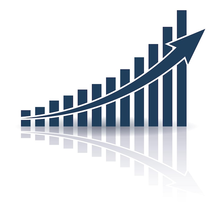 Vecteur graphique avec rapport d'augmentation et de croissance diagramme avec progression d'élévation et de gain avec réflexion vecteur