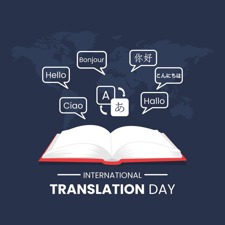 Vecteur le graphique vectoriel du livre ouvert montre les mots dans chaque langue adaptés à la journée internationale de la traduction