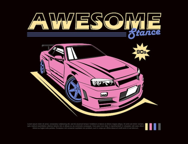 Graphique vectoriel d'illustration de conception de super voiture des années 90 en couleur rose