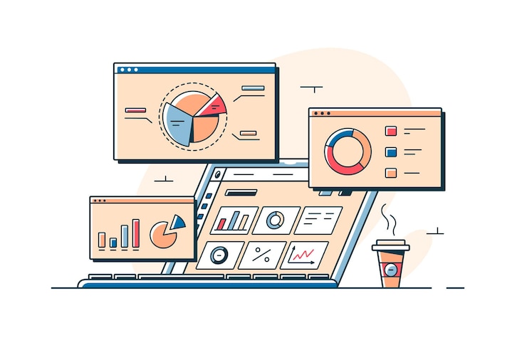 Vecteur graphiques et analyse des statistiques sur les écrans vector illustration