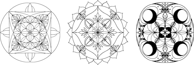 Graphiques vectoriels Mandala Mandala set line art Mandala avec éléments végétaux Mandala avec lune