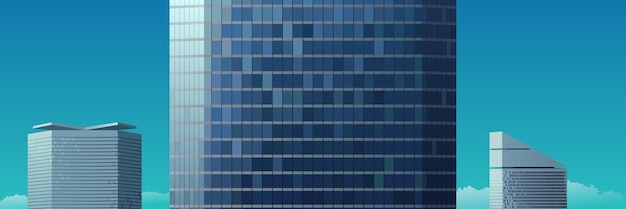 Des gratte-ciel brillants au soleil, un paysage urbain panoramique vue d'oiseau, l'architecture moderne de la métropole, la tour de bâtiment en verre, le futurisme, le design minimaliste, la parallaxe, l'illustration vectorielle.