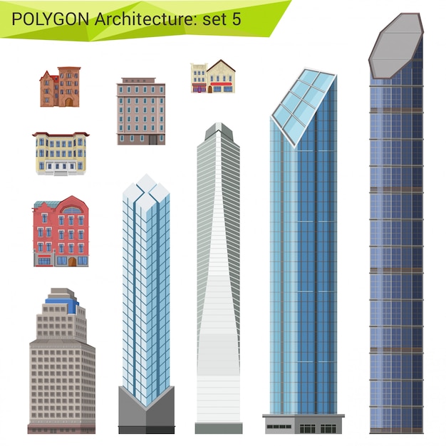 Vecteur gratte-ciel, maisons de ville et bâtiments ensemble de style polygonal.