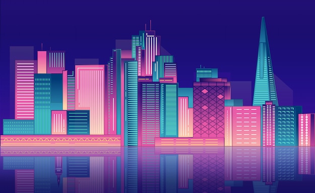 Gratte-ciel de la ville de nuit au néon.
