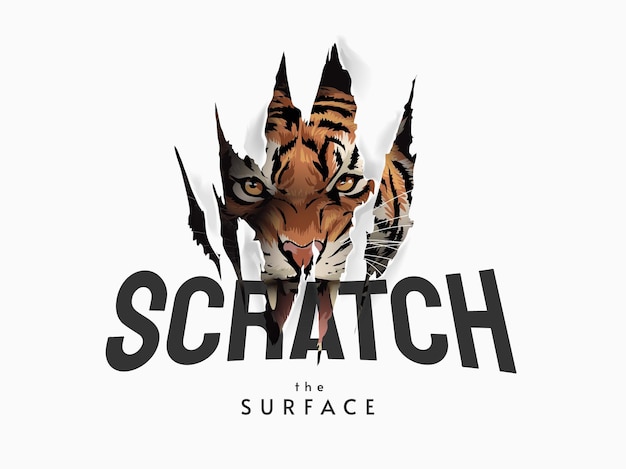 Vecteur gratter le slogan de surface avec le visage de tigre dans l'illustration de la marque de griffe