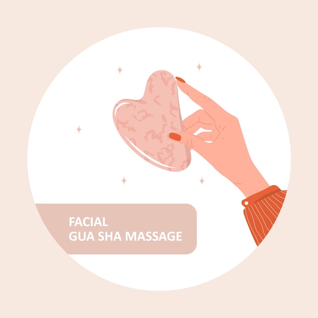 Grattoir Gua Sha Pour Massage Du Visage. Femme Main Tenant La Pierre De Quartz Rose Naturel.