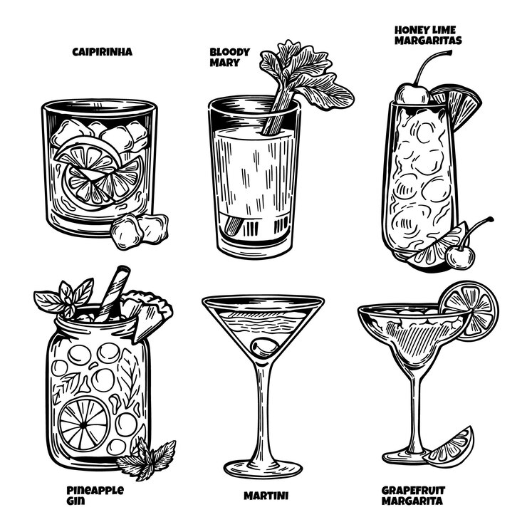 Vecteur gravure collection de cocktails dessinés à la main
