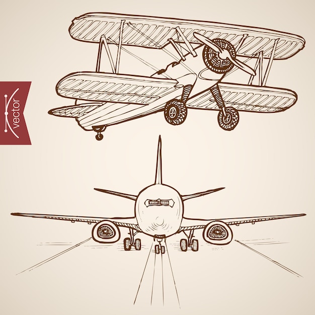 Vecteur gravure collection de transport aérien vintage dessinés à la main. évolution de l'avion croquis au crayon