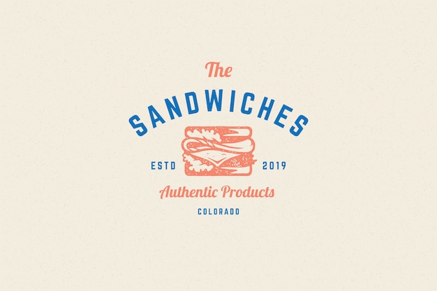 Vecteur gravure silhouette sandwich logo et style dessiné à la main typographie vintage moderne.