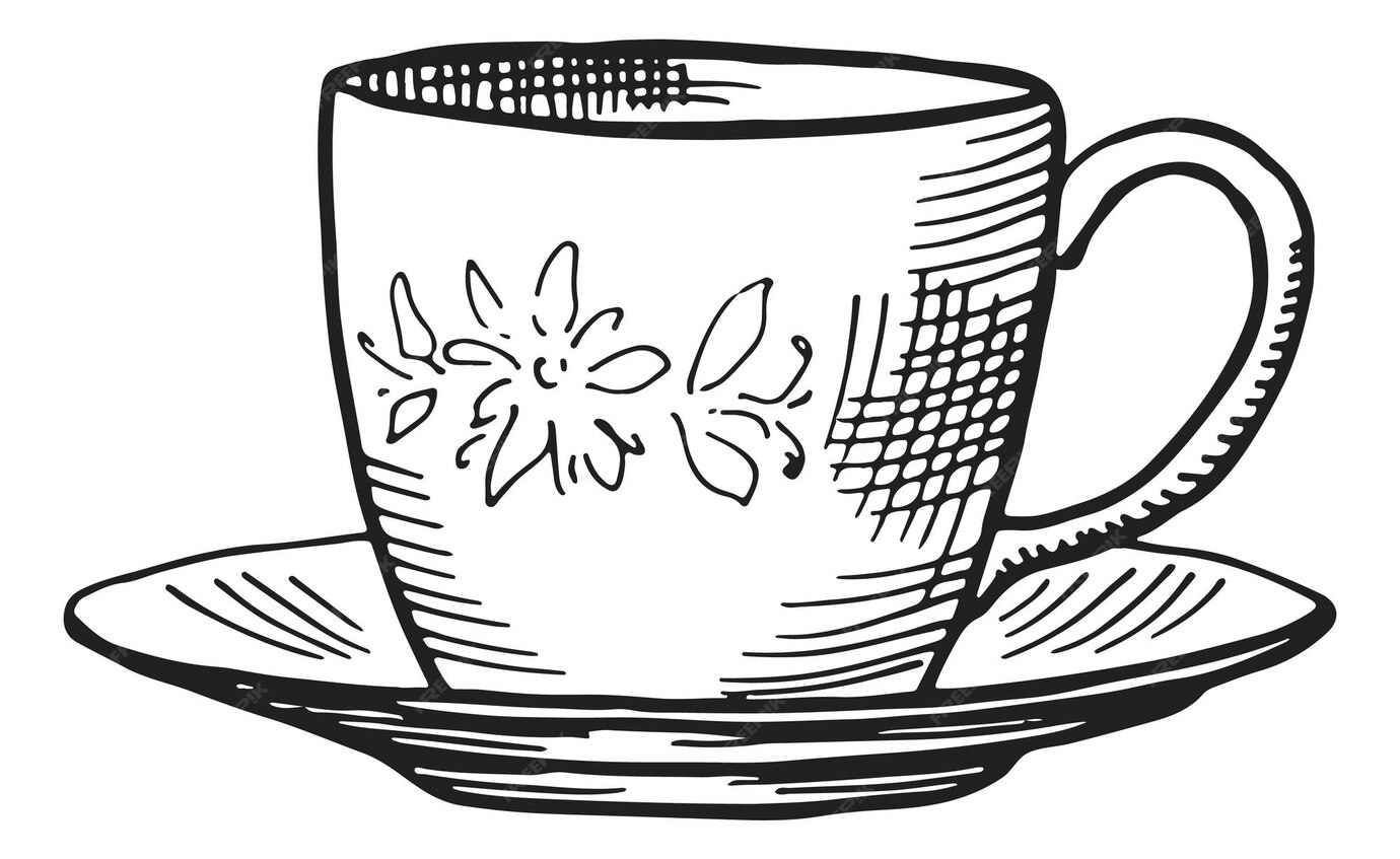 Gravure De Tasse De Thé Tasse à Thé Et Soucoupe Dans Un Style Dessiné à